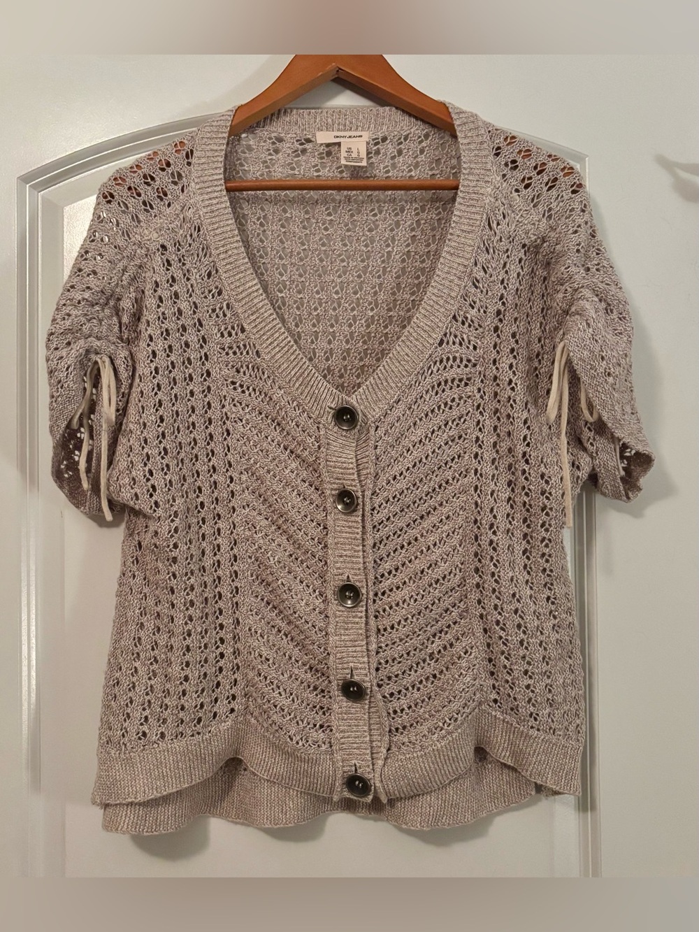 DKNY Jeans Pointelle Open-Knit Crochet Tie Cuff Cardigan | Large